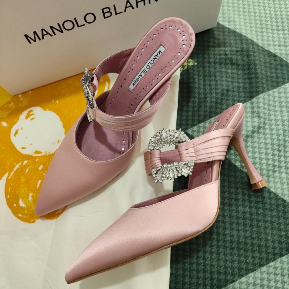 Manolo Blahnik Pink Satin Crystal-Buckle Pointed Mules